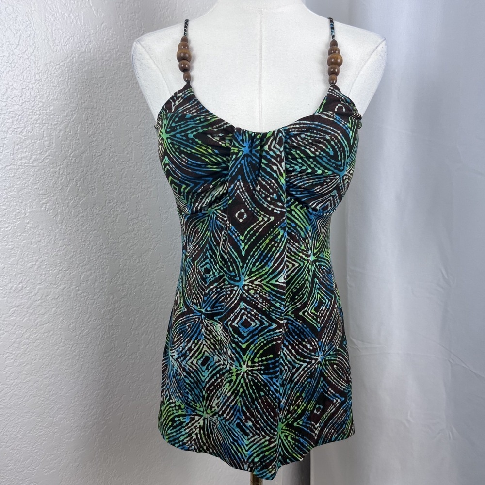 Y2K Studio Y Tankini Top Womens Small Blue Green Geometric Beaded Strap Swim VTG